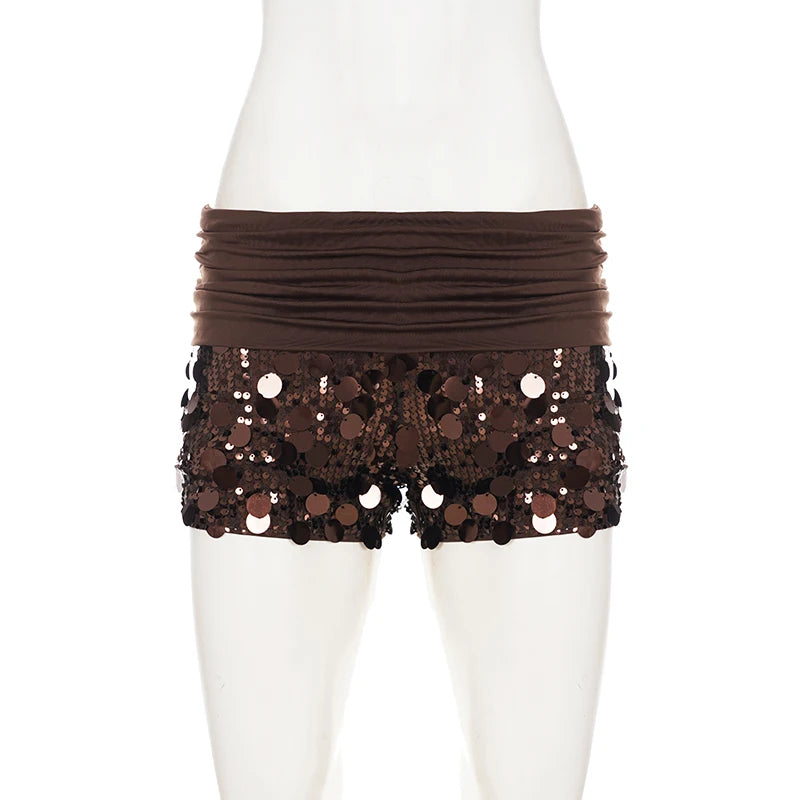 Women's Sequin Shorts With Folds Waist Glittery Brown Club Wear Low Waisted Sparkle Shorts for Party Fashionable Streetwear Chic