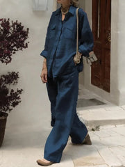 Women’s Wide-Leg Two-Piece Set with Turn-Down Collar Shirt