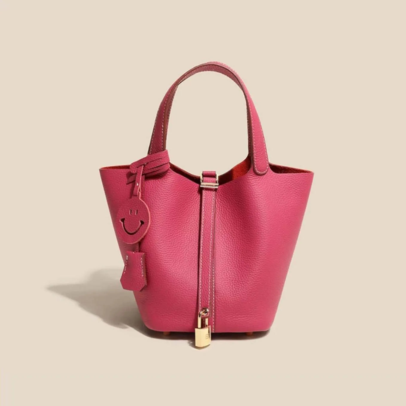 Genuine Cowhide Leather Bucket Bag - Fashion Lock Handbag with Phone Pocket | OWNLUXE