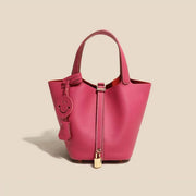 Genuine Cowhide Leather Bucket Bag - Fashion Lock Handbag with Phone Pocket | OWNLUXE