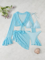 Beachwear Swimwear Ruffle Cropped Lace Top Long Sleeve Tie Front Wrap Skirt Black White Pareo Women's Cover-up