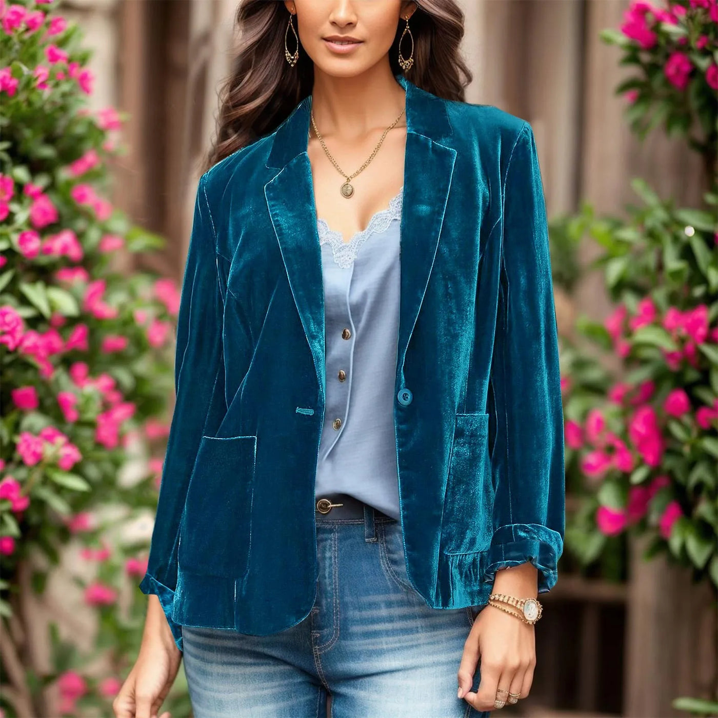 Gold Velvet Denim Jacket - Cropped Button-Front Winter Coat for Women