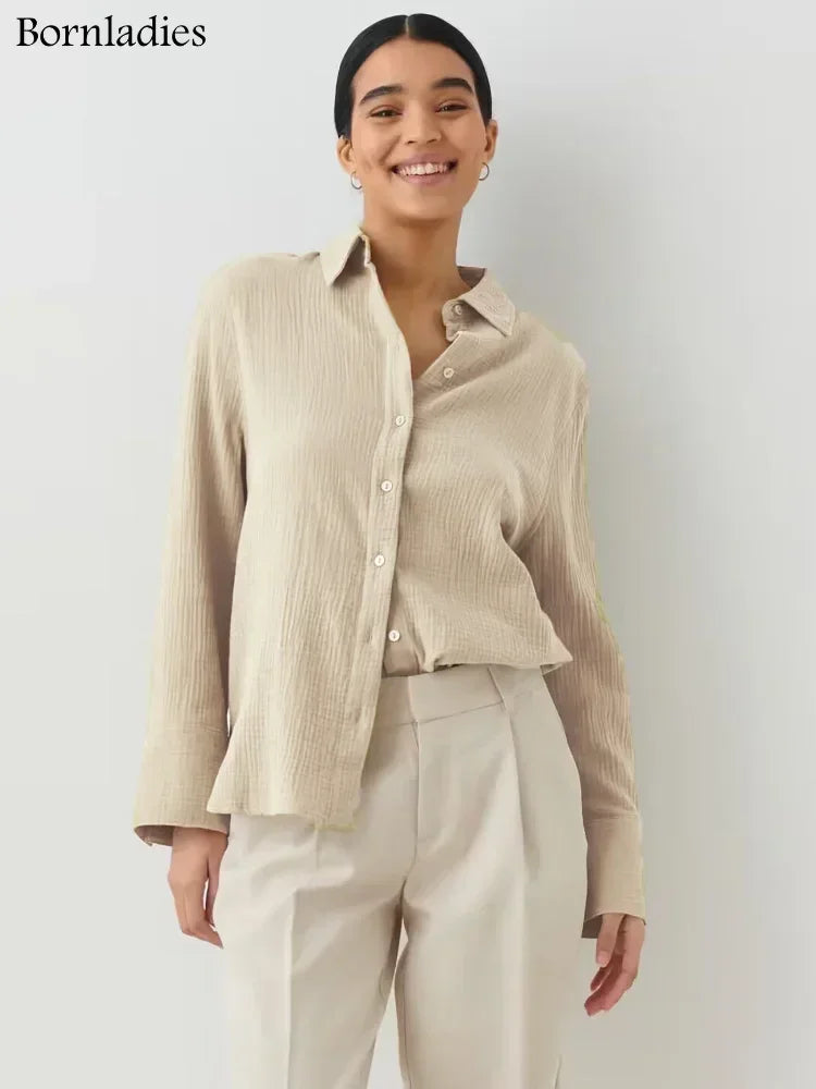 Office Long-Sleeve Cotton Tops Crepe | OWNLUXE