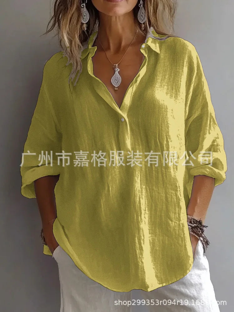 Turn-Down-Collar Long-Sleeve Cotton Linen Blouse | OWNLUXE