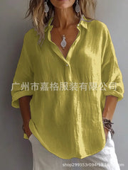 Turn-Down-Collar Long-Sleeve Cotton Linen Blouse | OWNLUXE