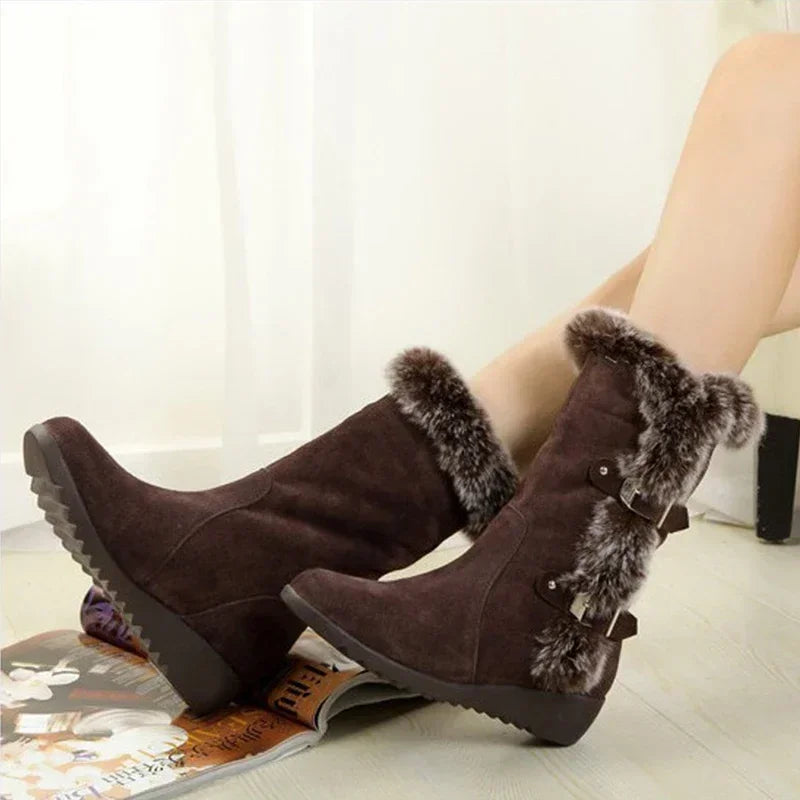 Women’s Faux Fur Slip-On Winter Snow Boots, Mid-Calf