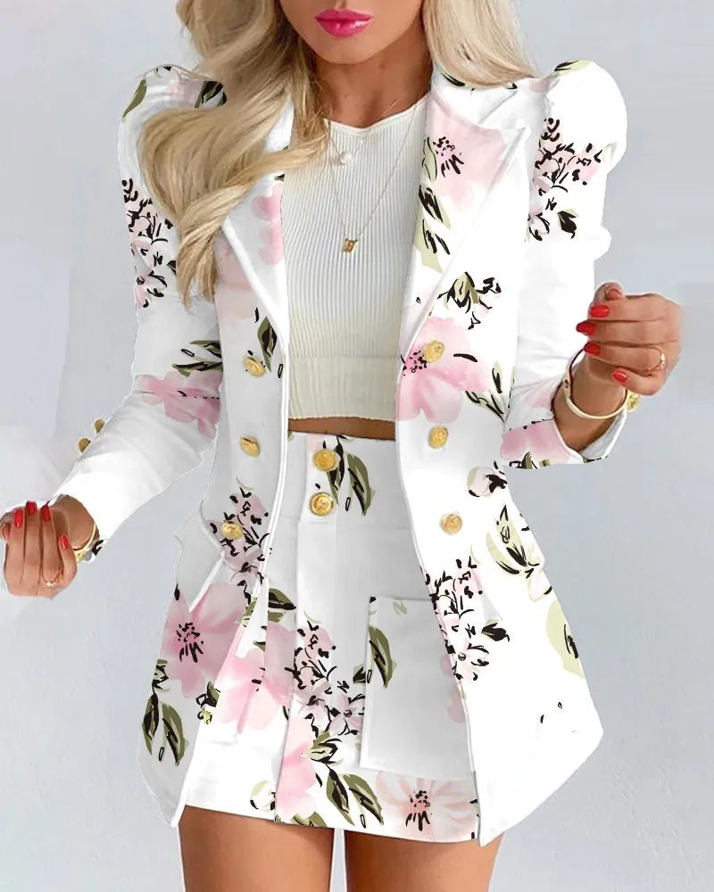 Women's Elegant Plaid Print Blazers Skirt Two Piece Set Notched Long Sleeve | OWNLUXE