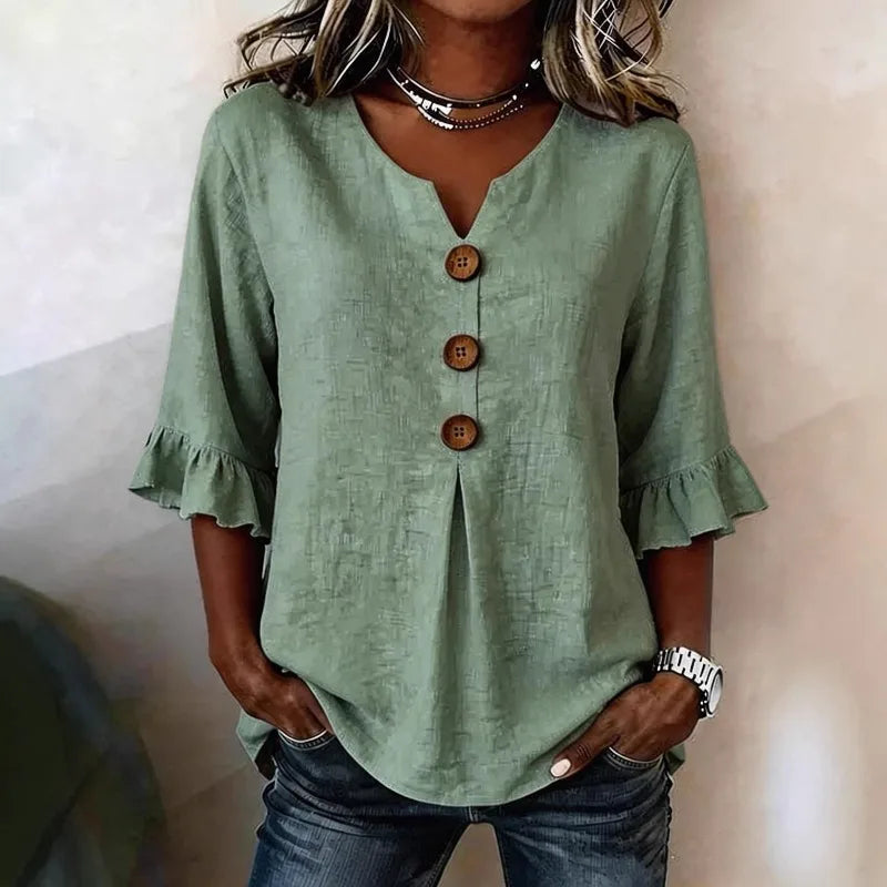 Button Perfect V-Neck Linen Lightweight Blouse | OWNLUXE