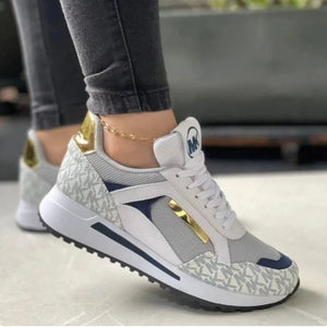 Women's Patchwork Lace-Up Sneakers – Waterproof Mid-Heel Comfort | Baskets à lacets patchwork imperméables pour femme – Talon moyen confortable
