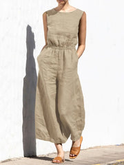High Waist Cotton Linen Jumpsuit – Wide Leg Ankle-Length