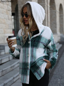 FairyShely 2025 Autumn Women Plaid Patchwork Jacket Thick Plush Warm Long Sleeve Coat Winter Ladies Single Breasted Hooded Coat