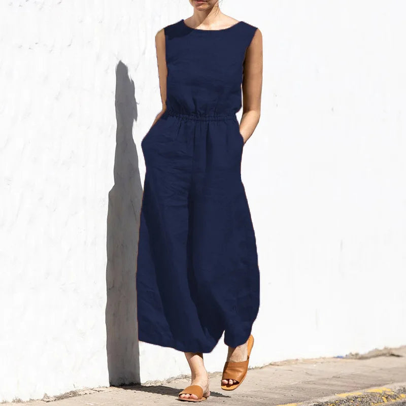 High Waist Cotton Linen Jumpsuit – Wide Leg Ankle-Length