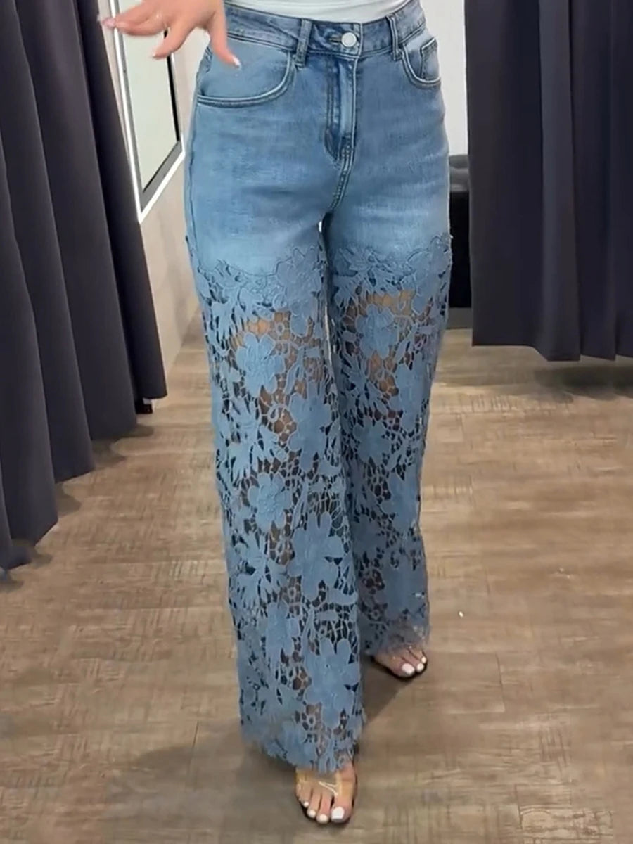 VGH Hollow Out Denim Pants - High Waist Slimming Trousers