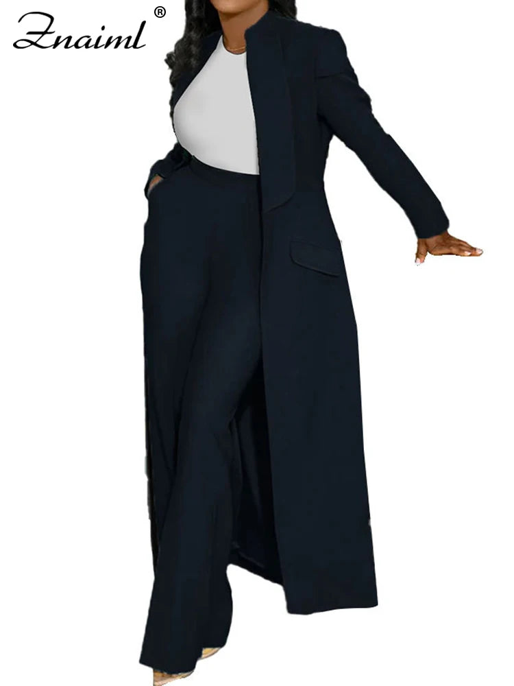Women’s Woven Office Set – Long Top & Wide-Leg Pants