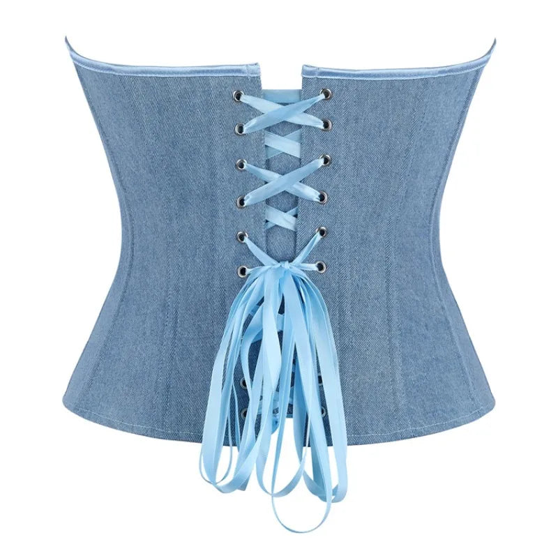 Zip-Up Lace Denim Overbust Top | OWNLUXE