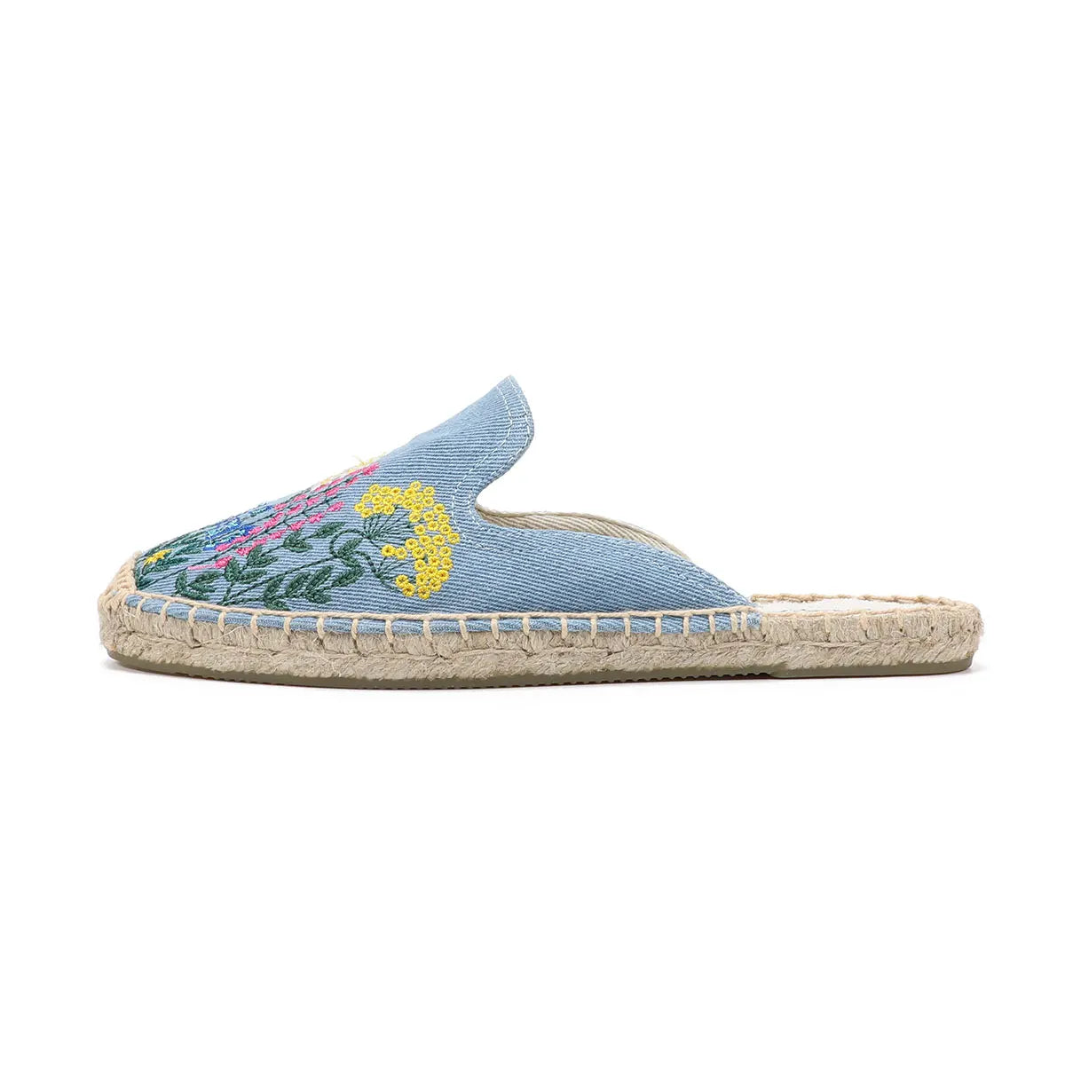 👡 Embroidered Denim Mules – Casual Summer Slippers | Mules en Jean Brodé – Chaussons d'Été Décontractés