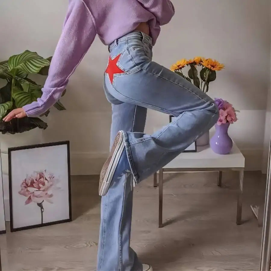 Women’s High-Waisted Flare Jeans with Embroidery
