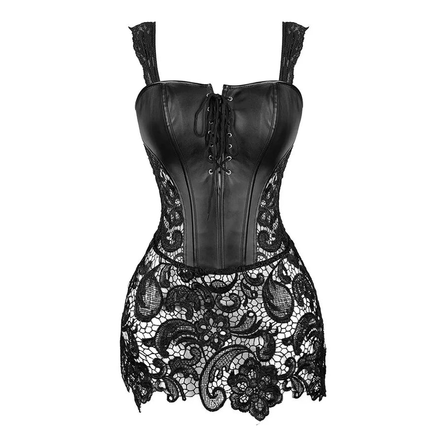 Steampunk Corset Dress - Gothic Faux Leather Bustier with Lace Skirt | OWNLUXE