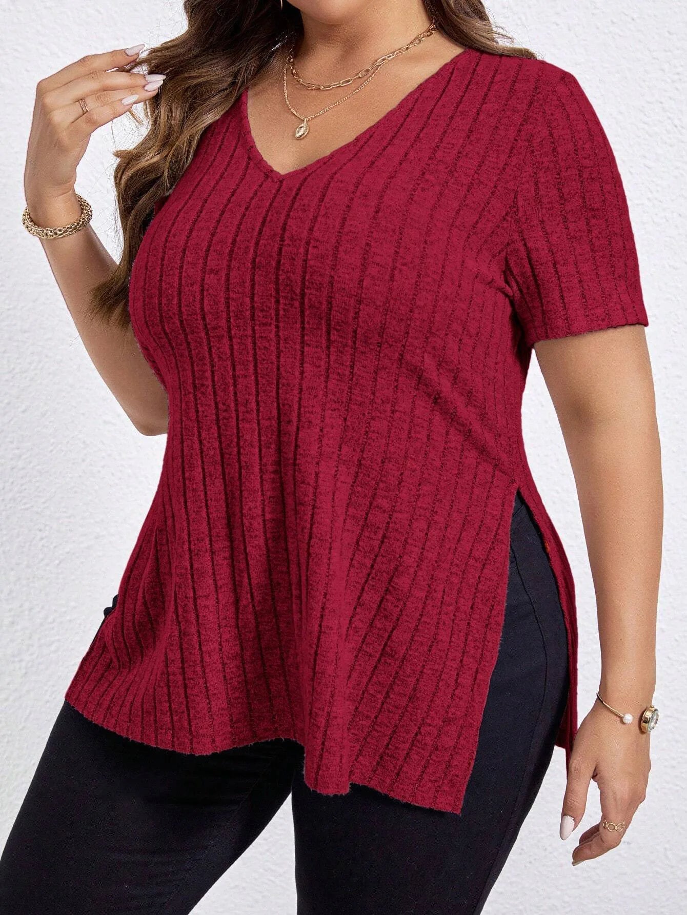 Plus Size V‑Neck Knit Blouse – Long Sleeve Soft Stretch