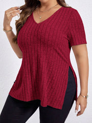 Plus Size V‑Neck Knit Blouse – Long Sleeve Soft Stretch