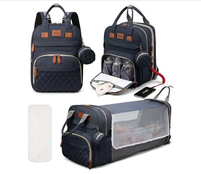 3-in-1 Diaper Bag Backpack with Foldable Baby Bed & USB Charging | OWNLUXE