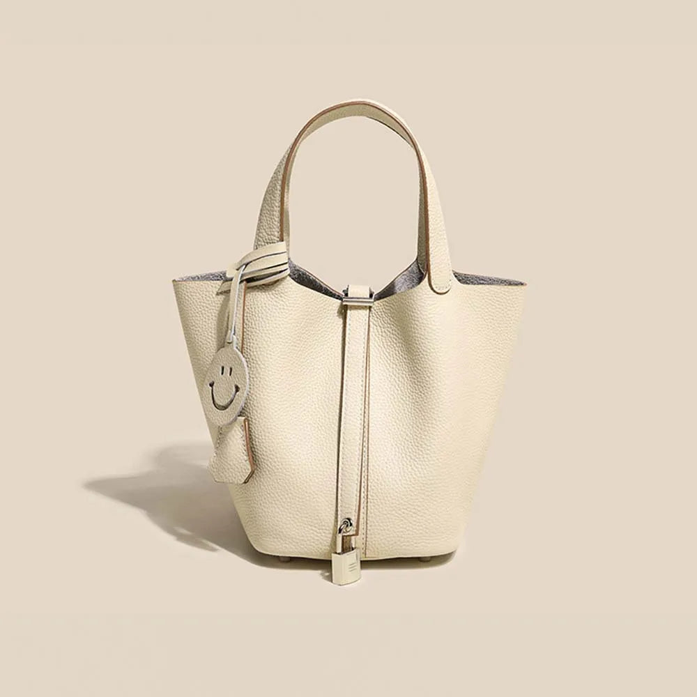 Genuine Cowhide Leather Bucket Bag - Fashion Lock Handbag with Phone Pocket | OWNLUXE