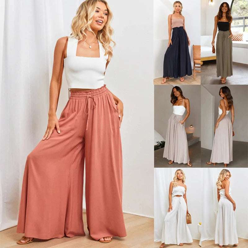 High Waist Wide Leg Pants - Elastic Waistband Summer Trousers