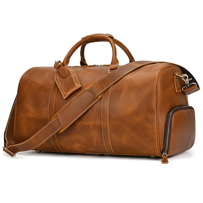 Vintage Leather Travel Duffle – 100% Cowhide | Sac de Voyage en Cuir Véritable