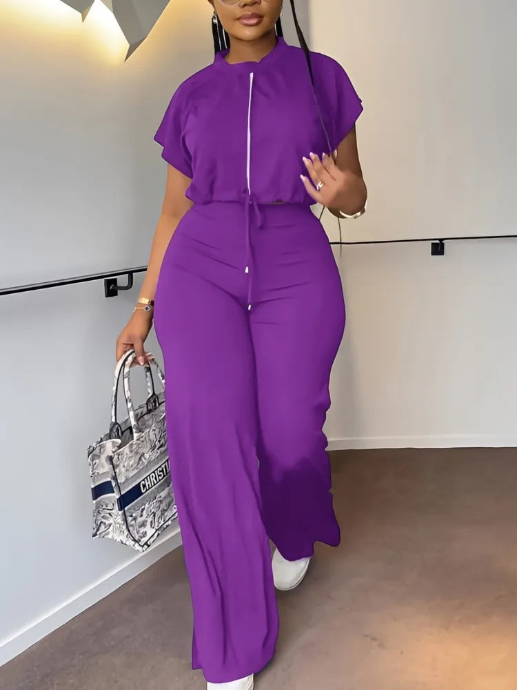 Women’s 2-Piece Lace-Up Top & Wide-Leg Pants Office Set