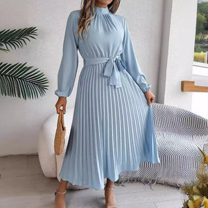 Slim-Fit A-Line Solid Dress with Stand Collar – Ankle-Length, Sashes Detail, Autumn/Winter