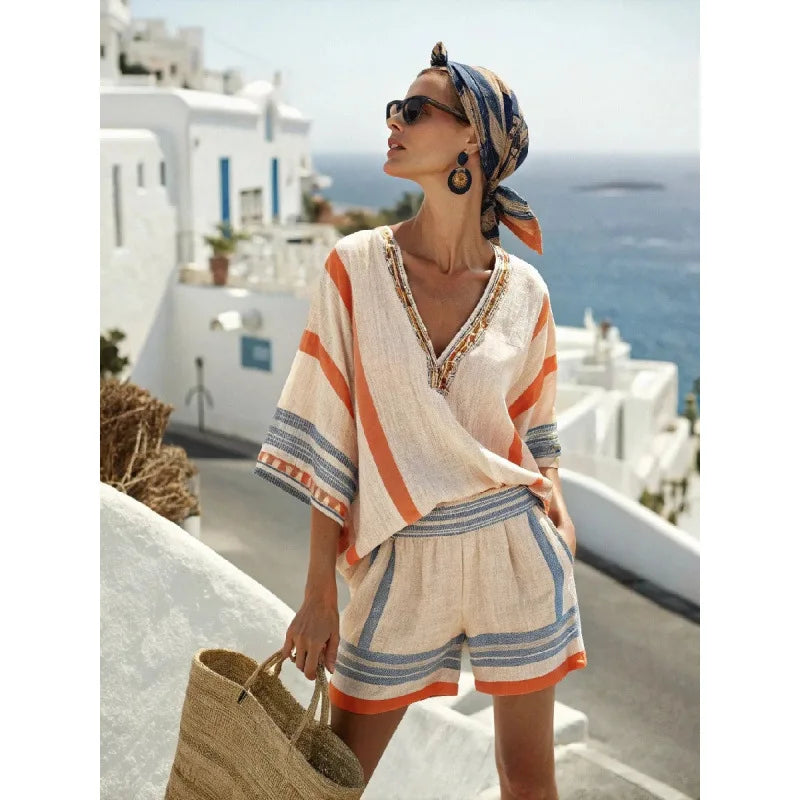 Women's Short Sleeve V-Neck Two Piece Shorts | OWNLUXE