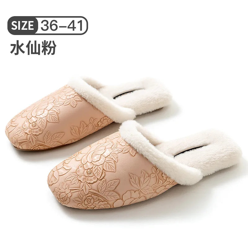 Plush Embroidered House Slippers with Rubber Sole