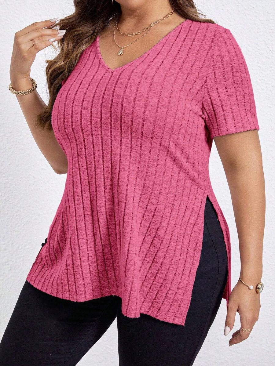 V-Neck Short-Sleeve Extended-Size Striped Blouse | OWNLUXE