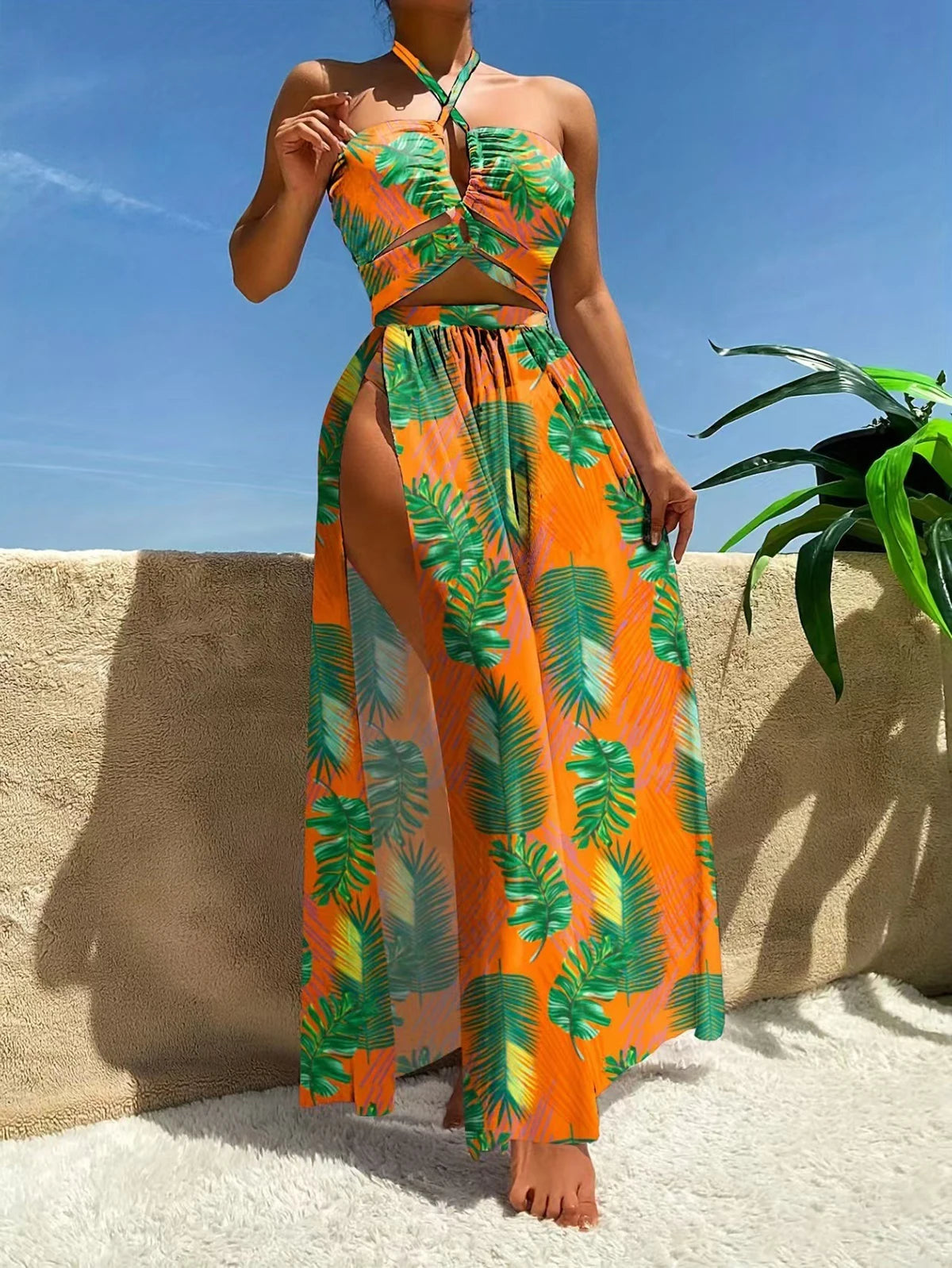 Vela Vikinis Sexy Blue 3 Piece Bikini Set with Padded Bra, High Waist Striped Bottoms & Skirt Women's Swimsuit 2025