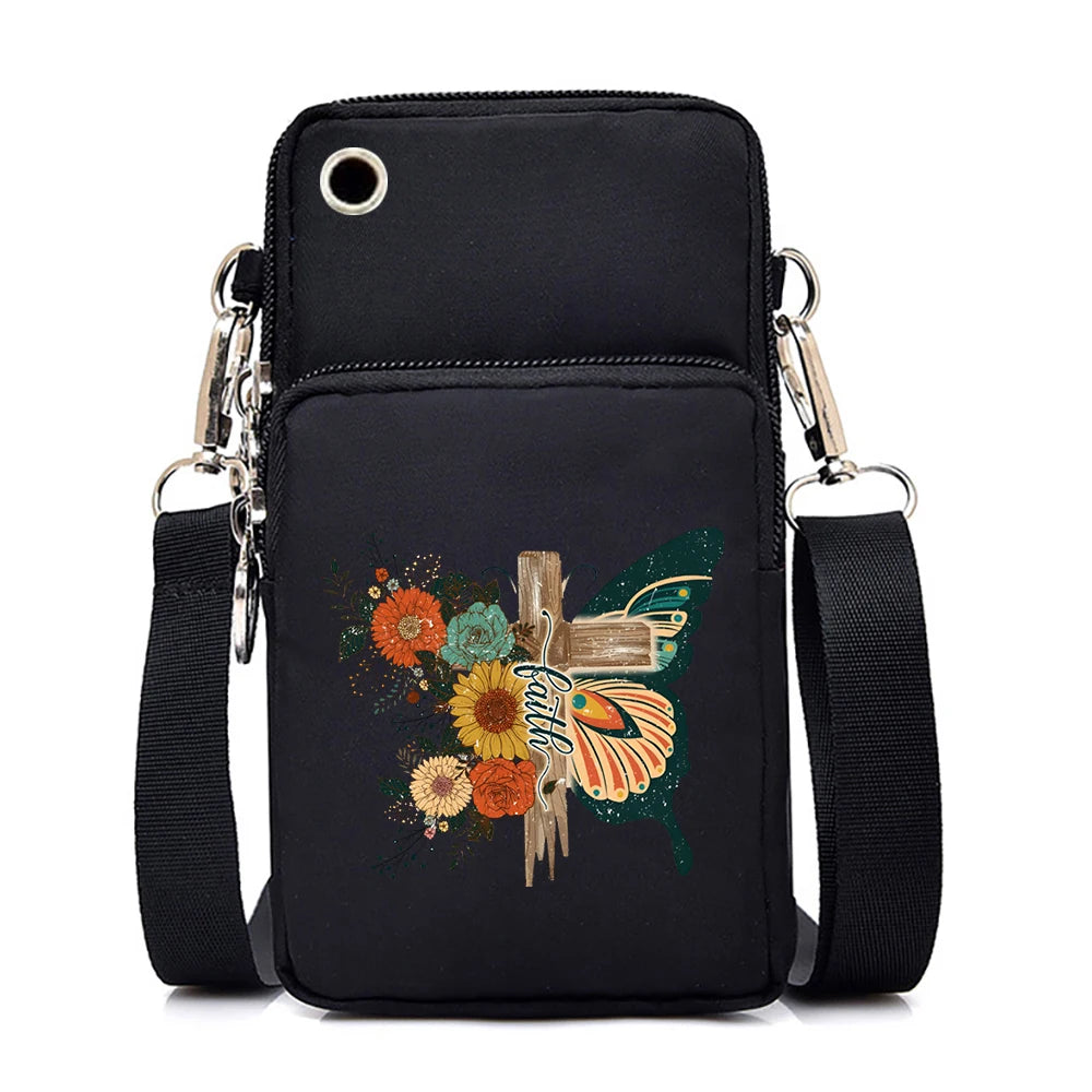 Mini Nylon Phone Crossbody Bag – Butterfly Print Neck Pouch with Zipper