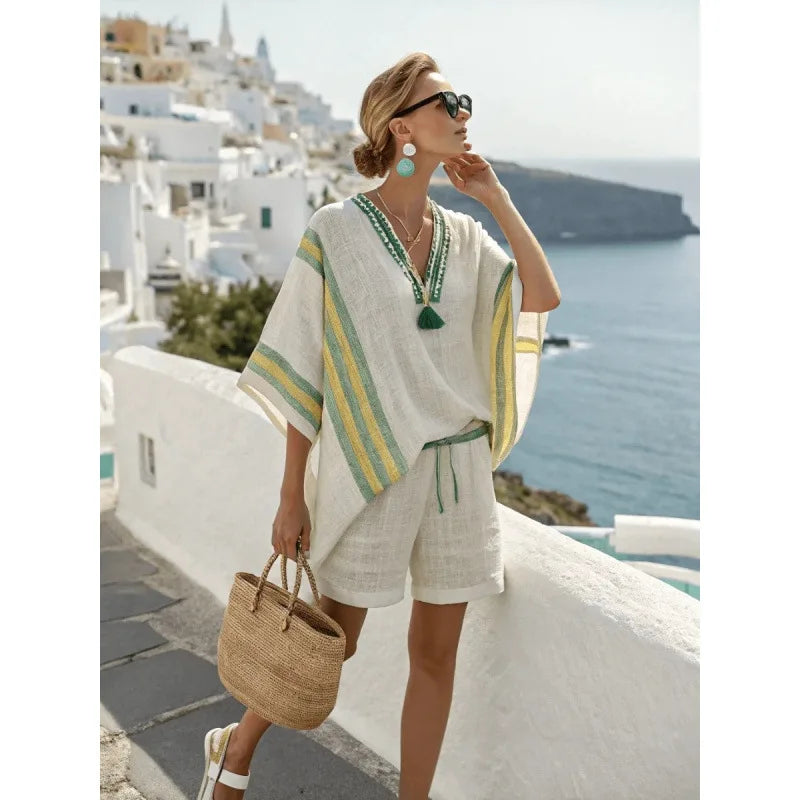 Women's Short Sleeve V-Neck Two Piece Shorts | OWNLUXE