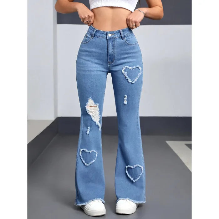 Denim Flared Jeans - High Waist Distressed Boot Cut Pants