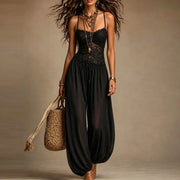 Lace Halter V-Neck Sheer Jumpsuit | OWNLUXE