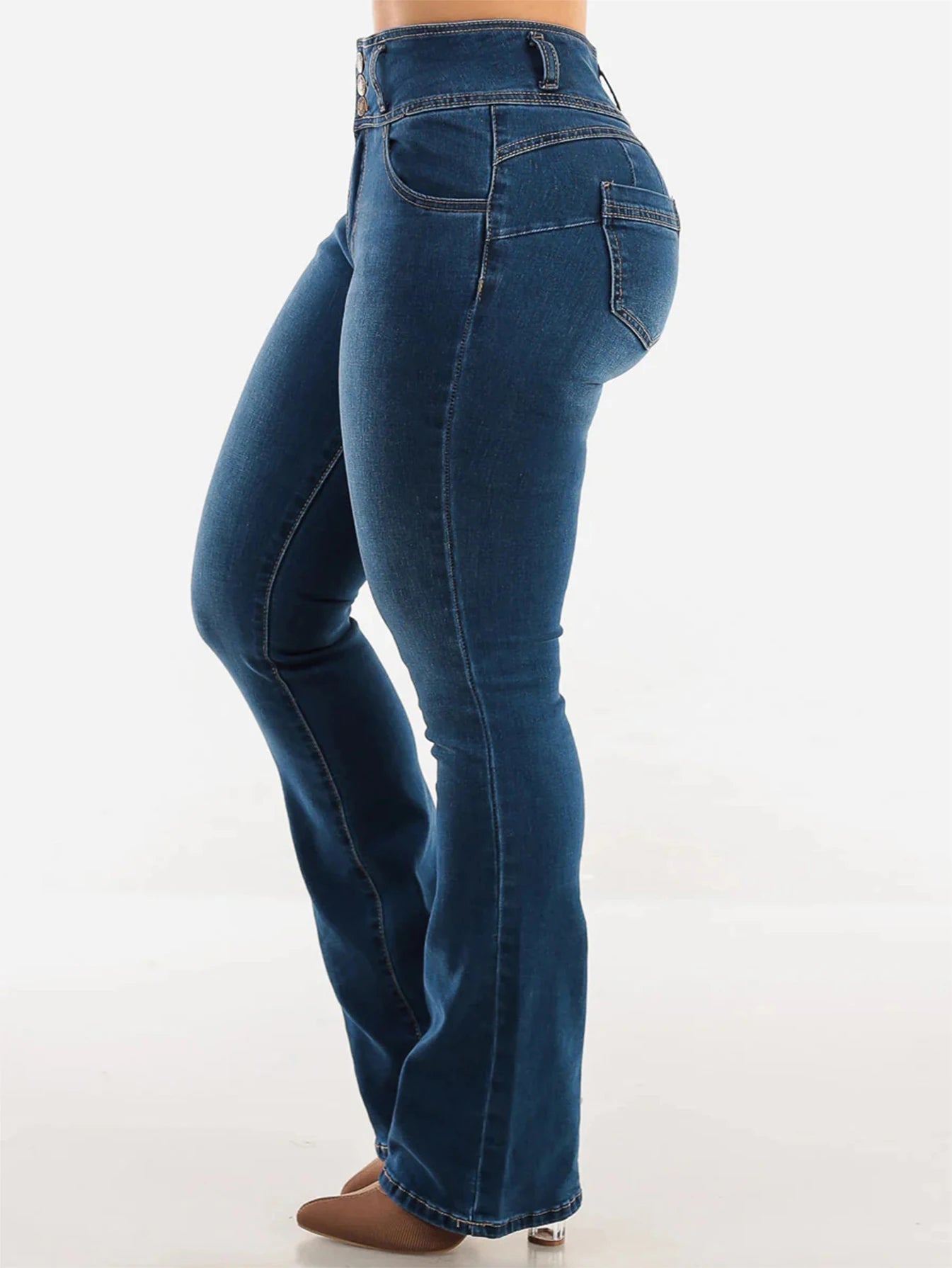 Women's High Waist Mini Flared Jeans - Butt Lifting Blue Denim Pants