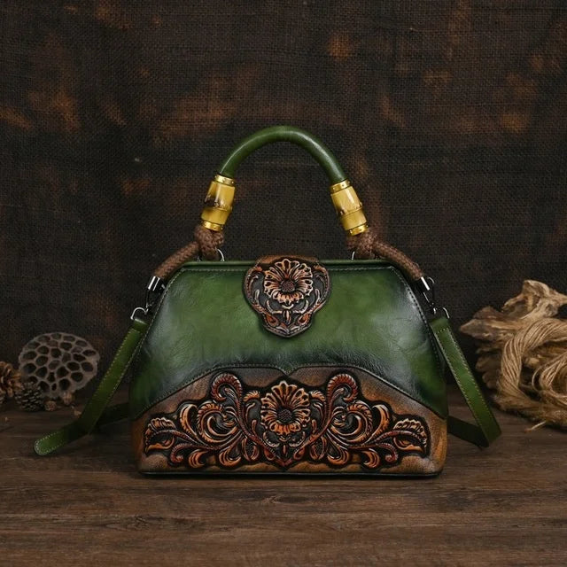 Vintage Carved Leather Handbag - Handmade Luxury Shoulder Bag