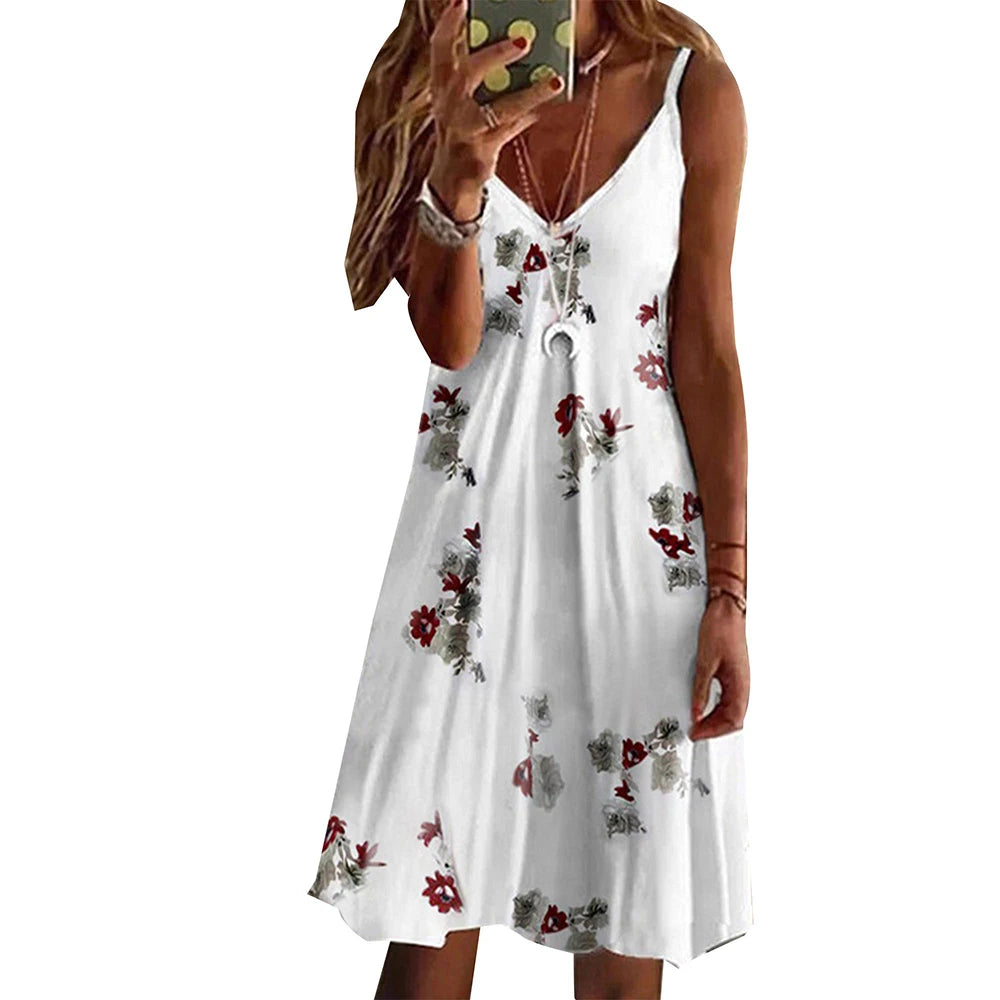 Floral Fit & Flare Knee-Length Casual Dress – V-Neck, Sleeveless, Pullover Style