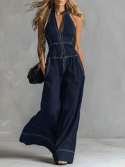 Relaxed-Fit Off-Shoulder Zip-Up Pocket Jumpsuit | OWNLUXE