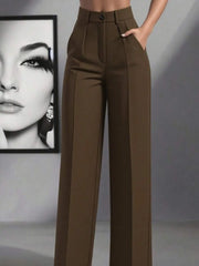 Women's High Waist Work Trousers - Casual Loose Fit Pants with Pockets