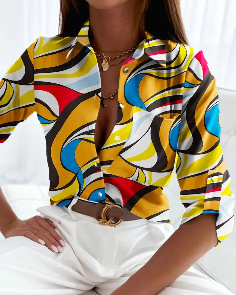 Office Ladies Printed Blouse - Long Sleeve Lapel Shirt