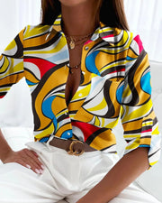 Office Ladies Printed Blouse - Long Sleeve Lapel Shirt