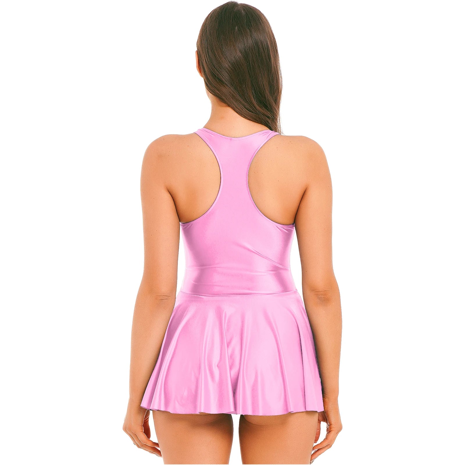 Women's Swimsuit U Neck Leotard Dresses Sportswear Swimwear Glossy Tank Dress One-Piece Sleeveless Yoga Ballet Dance Costume