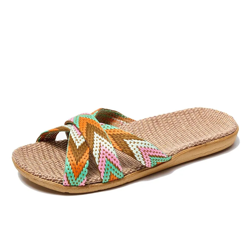 Eco-Friendly Hemp Slippers - Comfortable Flat Indoor Slides with Geometric Design