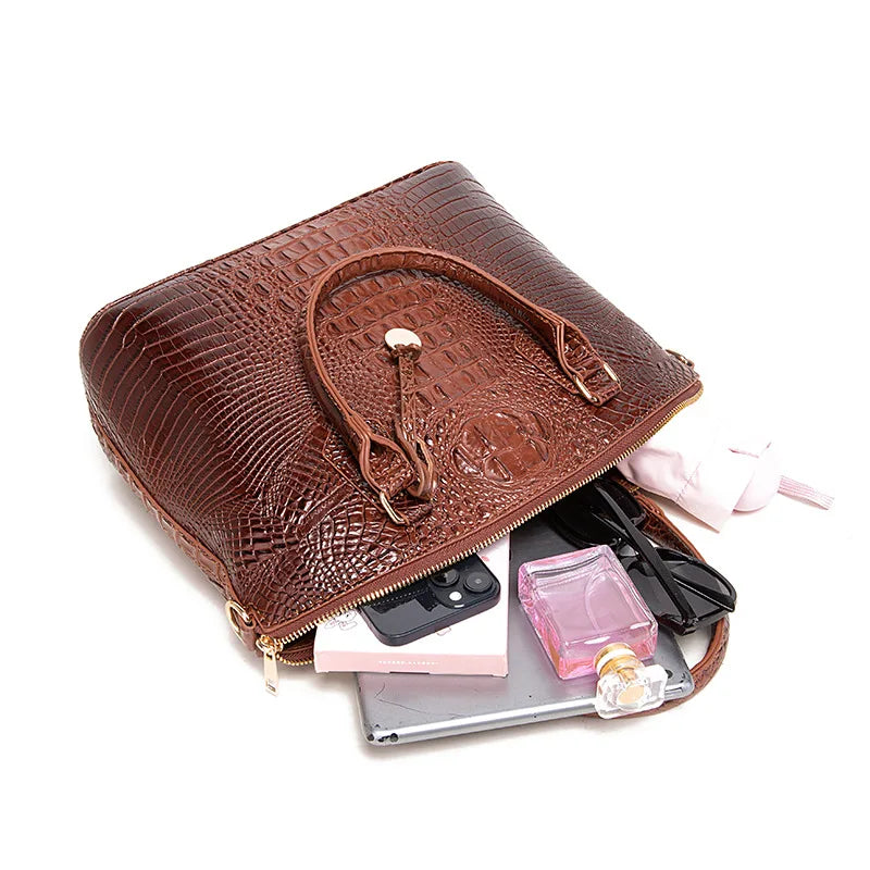 Crocodile Embossed Leather Handbag - Classic Shoulder Bag
