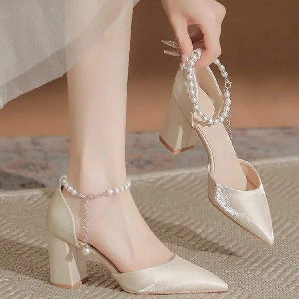 Ankle Strap Low Heel Adjustable Elegant Pearl Accessory | OWNLUXE