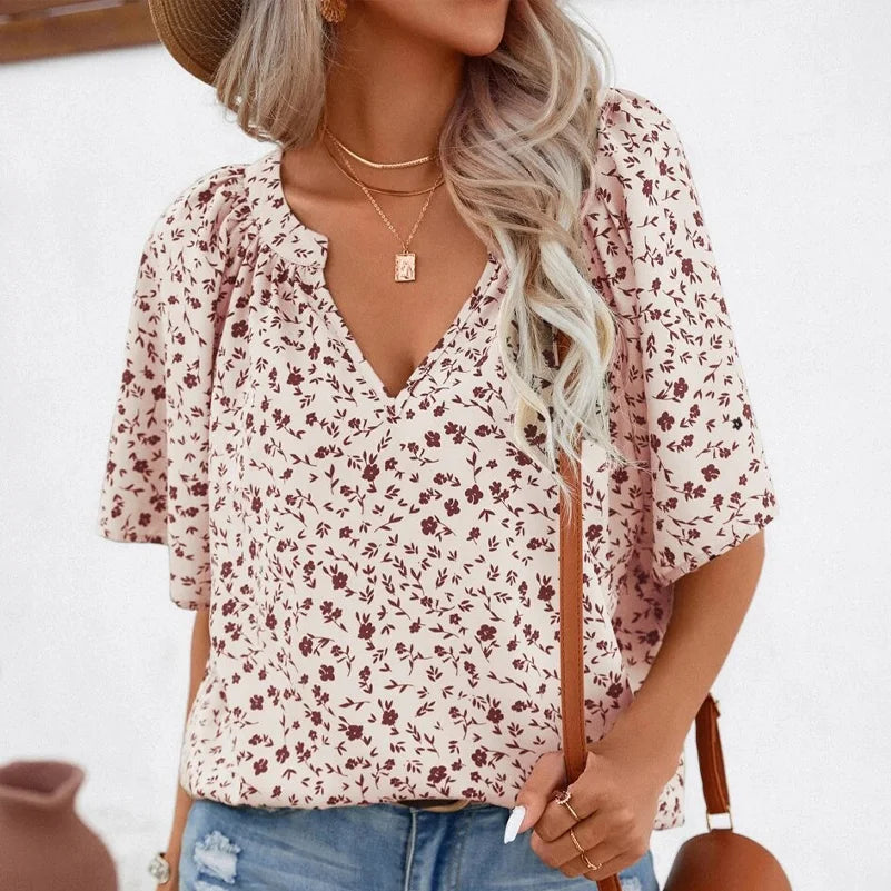 Plus Size Floral Summer Pullover with Stand Collar